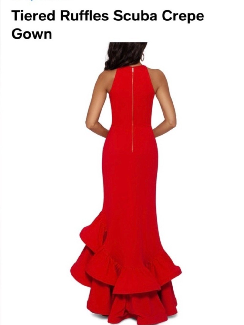 Betsey & Adam Long Red Ruffle Halter Gown - Picture 6 of 8